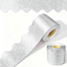 Bulletin Board Borders, 60 Feet Glitter Scalloped 60 feet x 3 inches, Silver