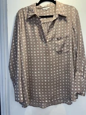 Pleione Women's Polka Dot Long Sleeve Blouse, Beige Collared, Size L
