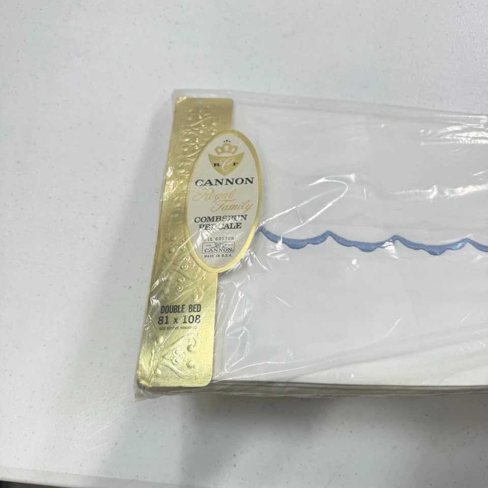 vintage cannon flat sheet double white scalloped cotton mcm retro 70s NOS - Image 4 of 4