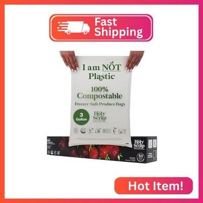 HOLY SCRAP! 100% Compostable Produce Freezer Bags 3 Gallon Size - 50 Pack - Free