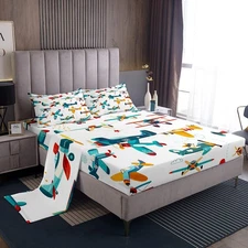 Teal Airplane Bed Sheet Queen Set Aircraft Print Sheets Sets Adults Bedroom D...