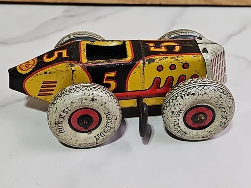 RARE Vtg Marx Tin Litho Wind Up #5 Racer Race Car 5" Long Works Intermittently