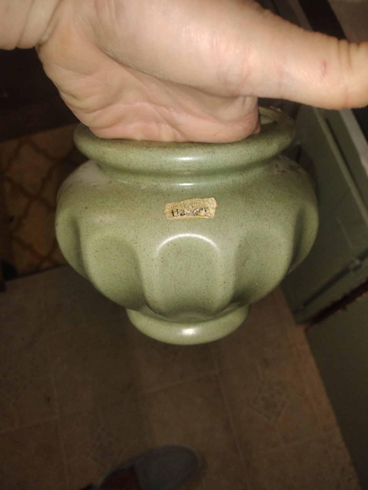 Vtg Haeger Pottery Green Speckled Ribbed VASE Planter Pot Footed 5 1/4