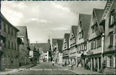 Postcard Metzingen Stuttgarter Str. with City Hall (No. 9490)