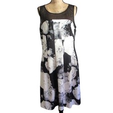 Calvin Klein Black White Floral A-Line Dress Sheer Mesh Bodice Size 16