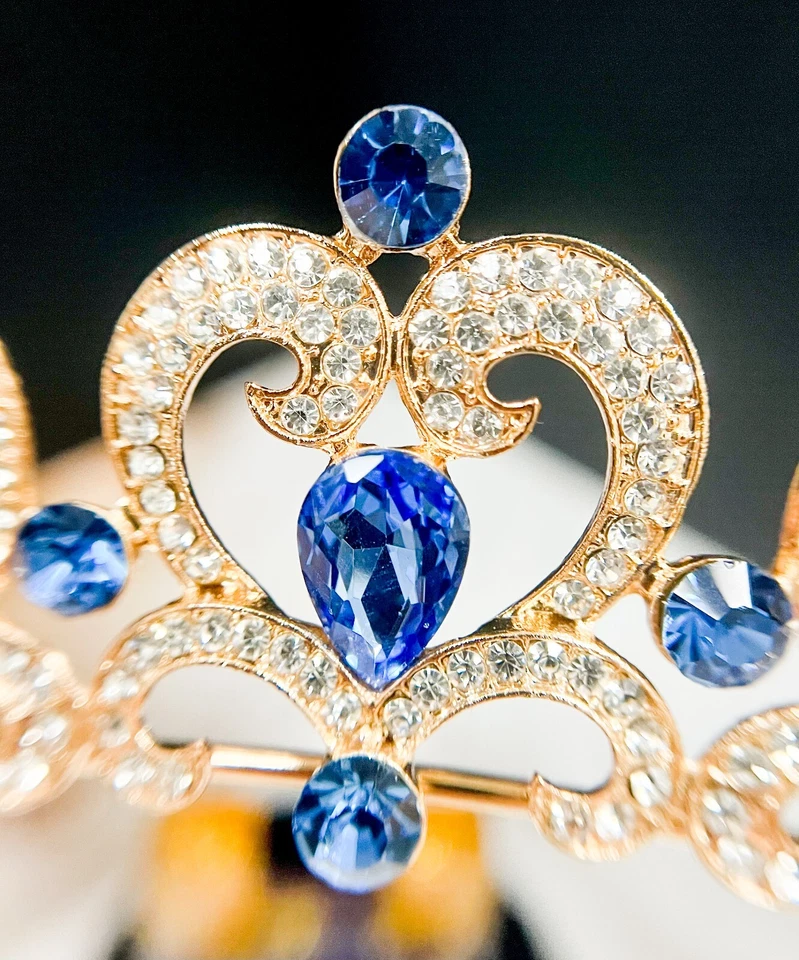 Blue Rhinestone Tiara, Girls Gold tiara, Heart shape tiara, Princess party tiara - Image 2 of 4
