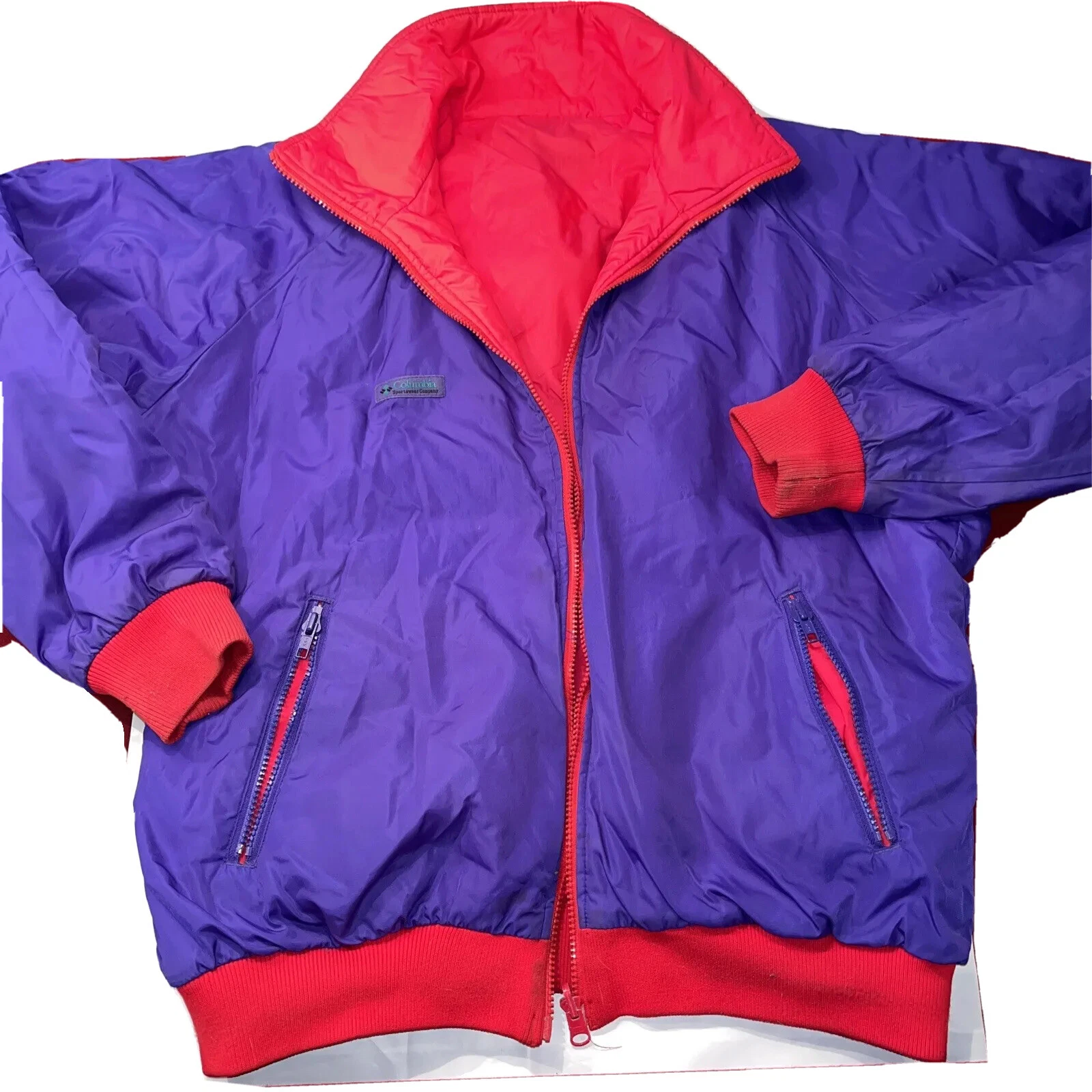 90s Columbia Nylon Bomber JACKET THINSULATE 3M Reversible Purple Red Bright Mens