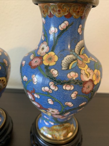 Antique Pair of 2 Blue Chinese Cloisonné Enamel Vases Flower Floral 7.5” - Picture 4 of 7