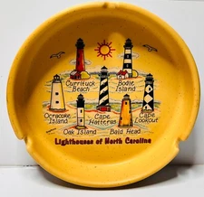North Carolina Vtg Lighthouse of AshTray Vintage Souvenir Hand Painted Ceramic