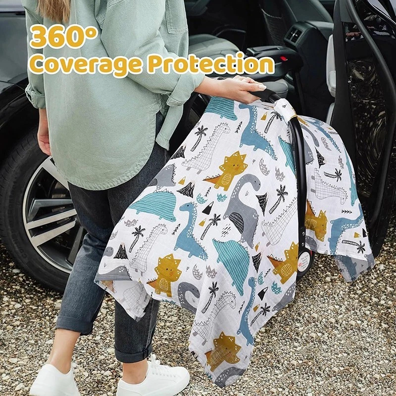 Baby Muslin Swaddle Blanket Cotton Car Seat Cover Sunshade Canopy Universal Fit - Image 4 of 4