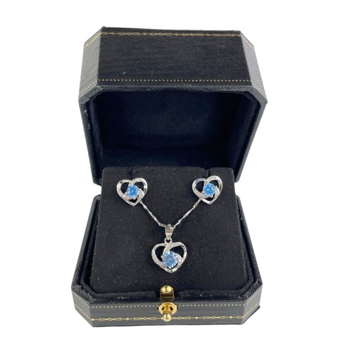 WHITE GOLD FINISH Round Cut Blue Topaz Created Diamond Heart Swirl Jewellery Set - Picture 2 of 8