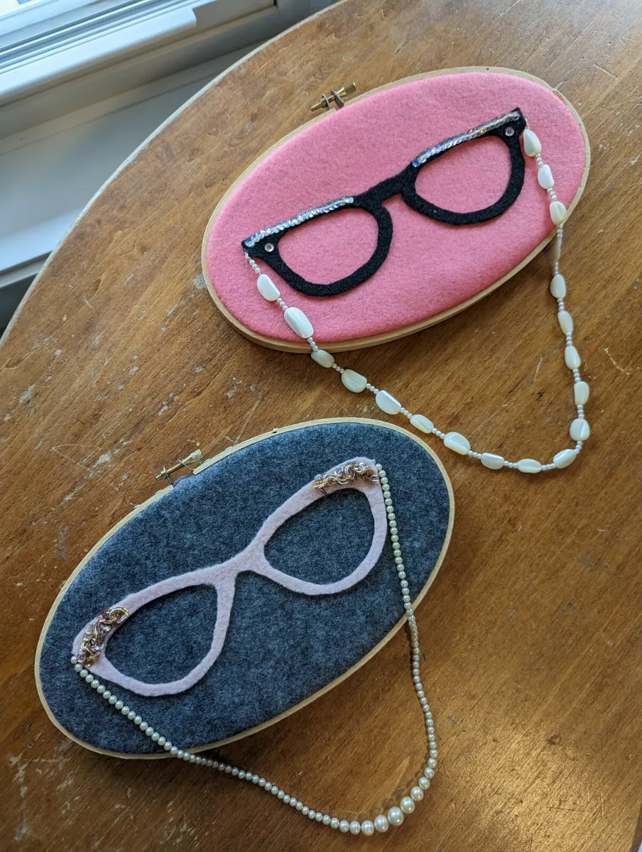 Cat Eye Glasses Felt Art Wall Decor Mixed Media Vintage Style Pink Gray Quirky