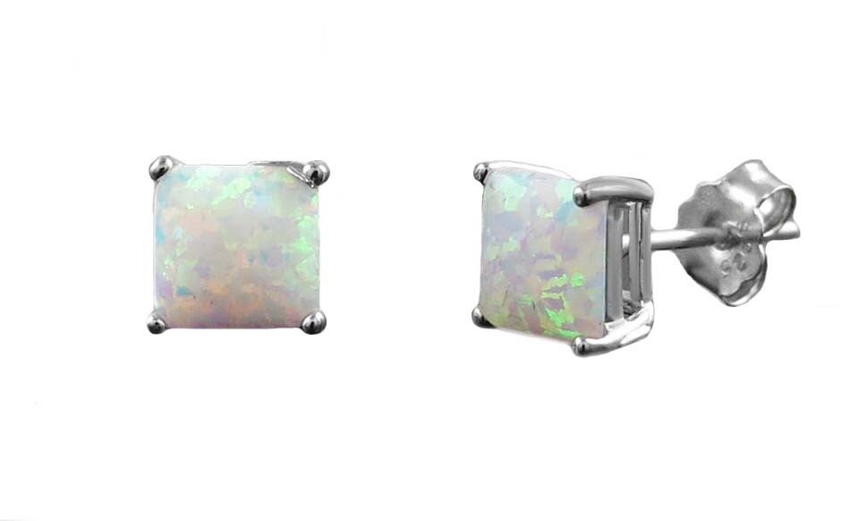 925 Silver Charm Blue & white Fire Opal Square Cut Earrings Stud Women Jewelry-3