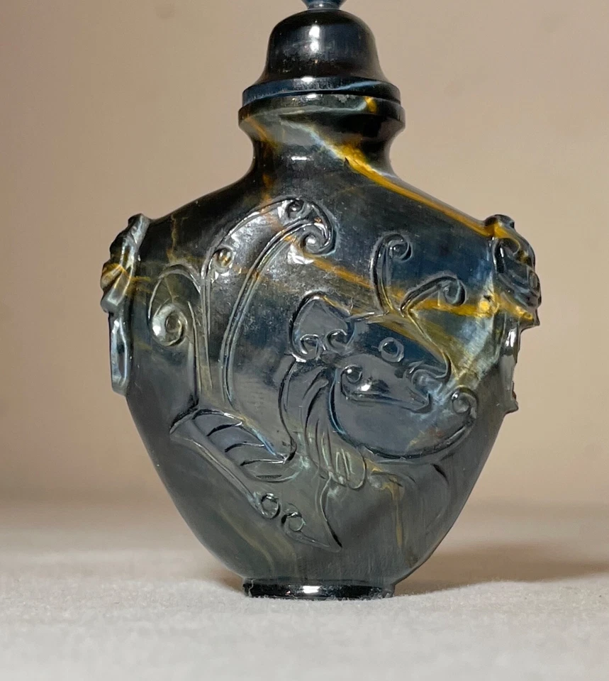 Antiguo chino tallado a mano ojo de tigre piedra botella tabaco frasco escultura baratija Foto 2 de 4