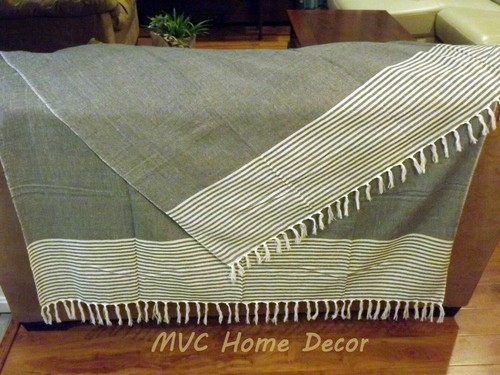 Throw Blanket with Tassels Blue with White Stripes 71" x 48" - Picture 3 of 3