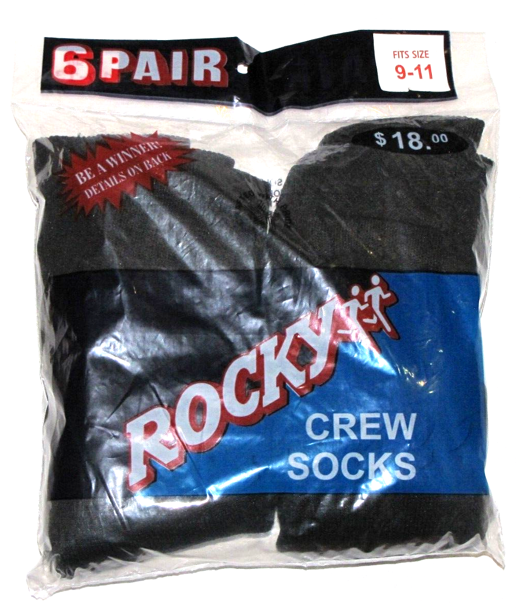 Rocky Crew Socks 6 Pair Black Underwear Mens Size 9-11-image