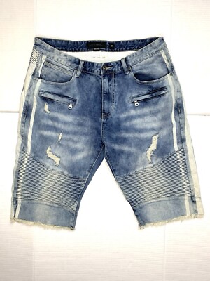 DECIBEL MOTO SHORTS MENS 36 DENIM JEANS BLUE STRETCH ZIPPER LONG Distressed 