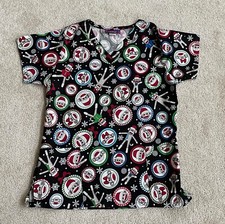 Impulse Scrubworks Black Winter Christmas Sock Monkey Scrub Top Women's M