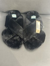 TOMS SUSIE Womens 8 Slippers Fluffy  Warm Faux Fur Crossover Mule Black