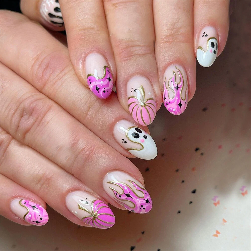 Colorful Halloween False Nail Short Almond Press on Nails for Nail Art 24pcs