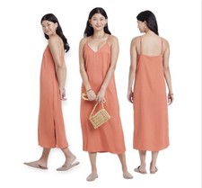A New Day Women's Small Orange V Neck Satin Slip Dress With Slit NWT