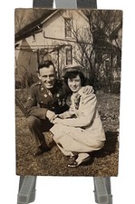 WW2 Era Photo U.S. GI With His Sweetheart Kneeling In Yard