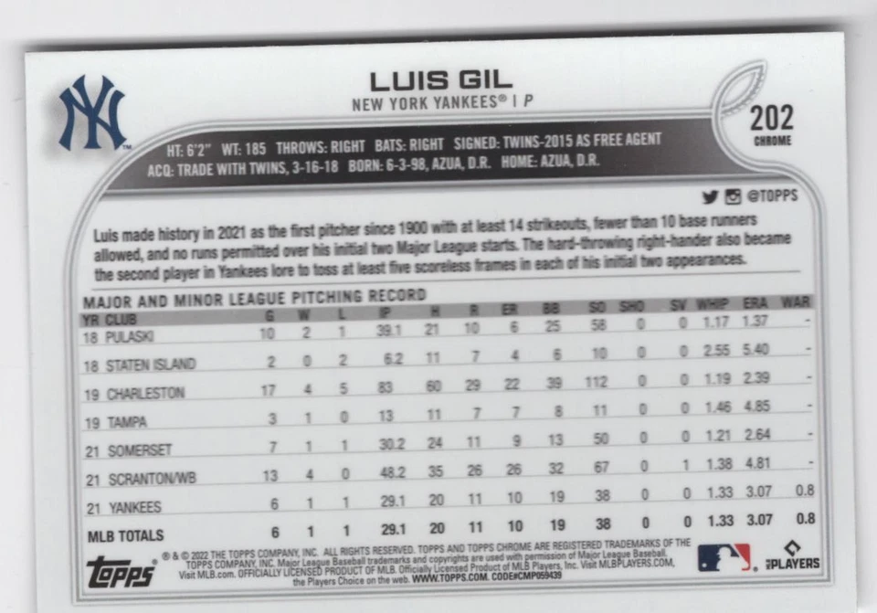 2022 Topps-Chrome ROOKIE Luis Gil Rookie New York Yankees #202 R109 - Image 2 of 2