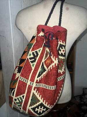 Vintage Handwoven Kilim Backpack Bucket Bag, Drawstring, Tribal Pattern, Leather Vintage Kilim Bucket Bag, Genuine Leather Crossbody Bag - Etsy main image 4
