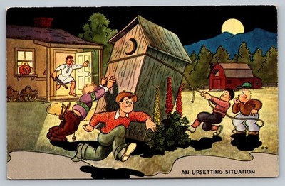 c1950 An Upsetting Situation Vintage Postcard Cartoon Funny Boys In Trouble