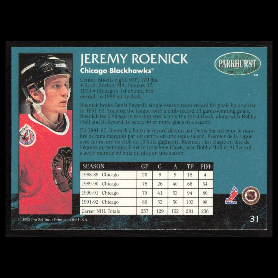 Jeremy Roenick #31 1992 Parkhurst Chicago Blackhawks Hockey Card NHL NM - Image 2 of 3