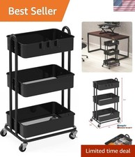 3-Tier Heavy Duty Metal Utility Rolling Cart for Effortless Organization - Black
