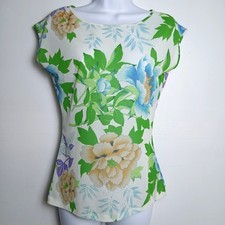 Kenzo Paris Vintage Floral Sleeveless Blouse White Blue Green Made in France 40