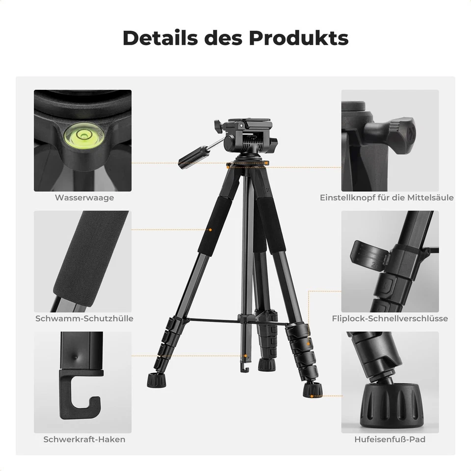K&F Concept Kamera Stativ 190cm Leichtes Camera Tripod mit Abnehmbar 3-Wege-Kopf - Bild 4 von 4