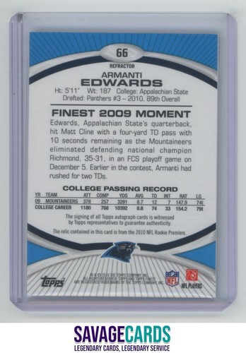 2010 Finest Rookie Jersey Auto Gold Refractors Armanti Edwards /25 #66 Carolina - 第 2/3 張圖片