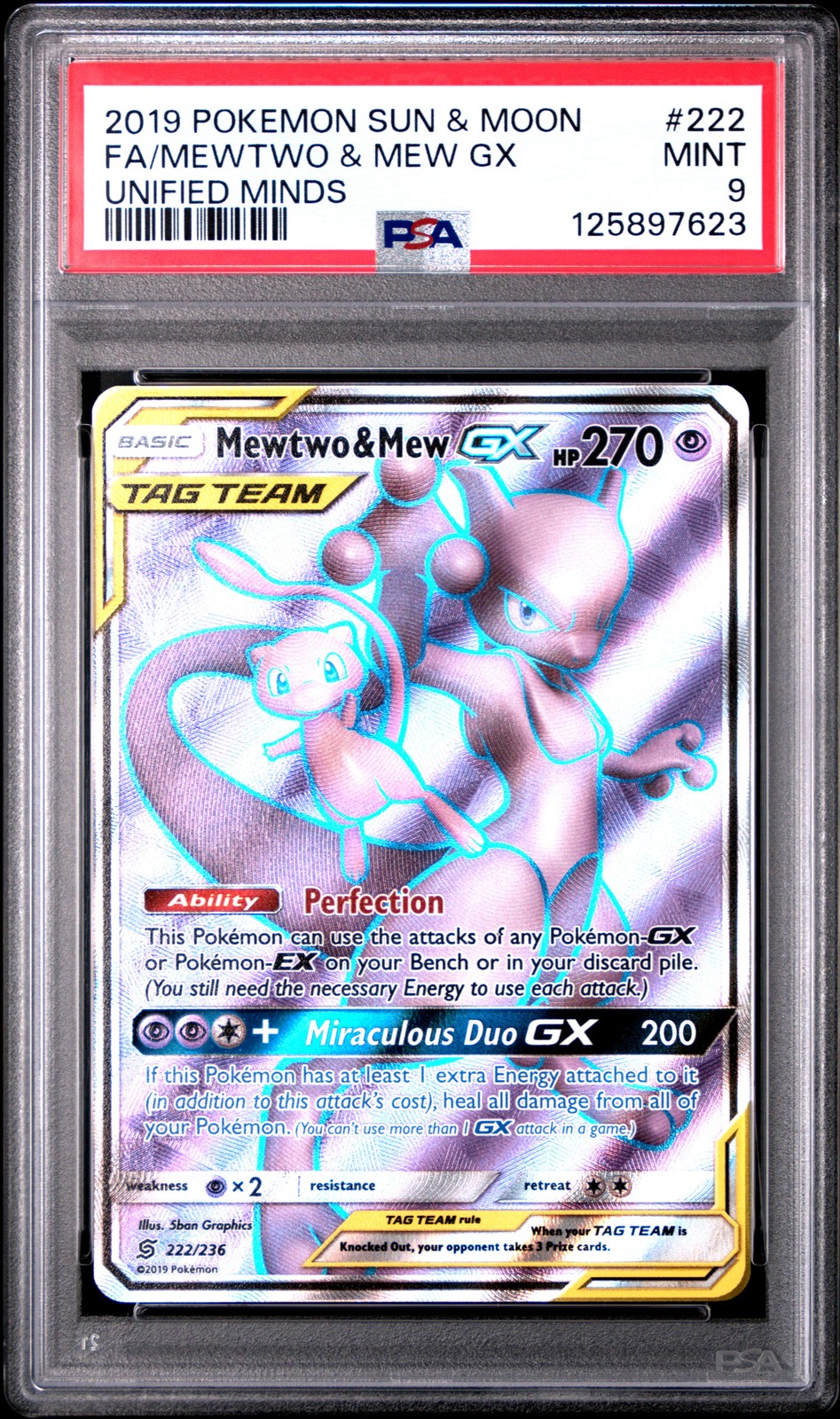 2019 POKEMON SUN & MOON UNIFIED MINDS #222 FULL ART/MEWTWO & MEW GX PSA 9
