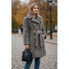 Vintage Dark Brown Faux Lamb Fur Coat Jacket Mod 60s 70s Metal Buttons