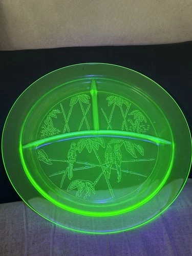 Green Uranium Vaseline Federal Glass Parrot 10 1/2"  Round Grill Plate