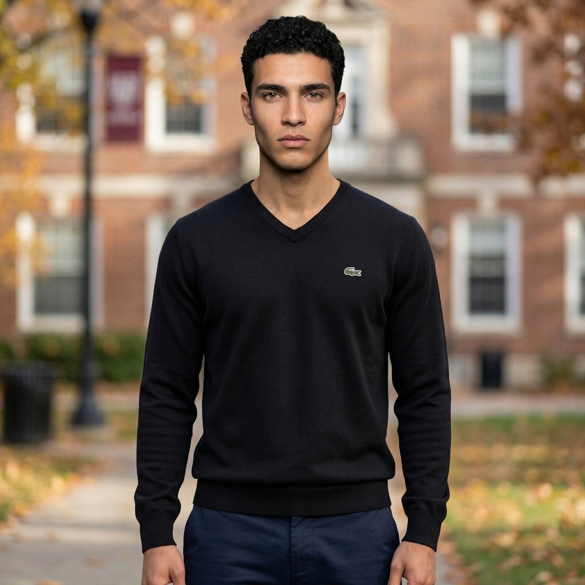 Lacoste Men's V-Neck Sweater Black 100% Cotton Crocodile Logo Size