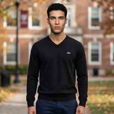 Lacoste Men's V-Neck Sweater Black 100 Cotton Crocodile Logo Size 5 US Large L
