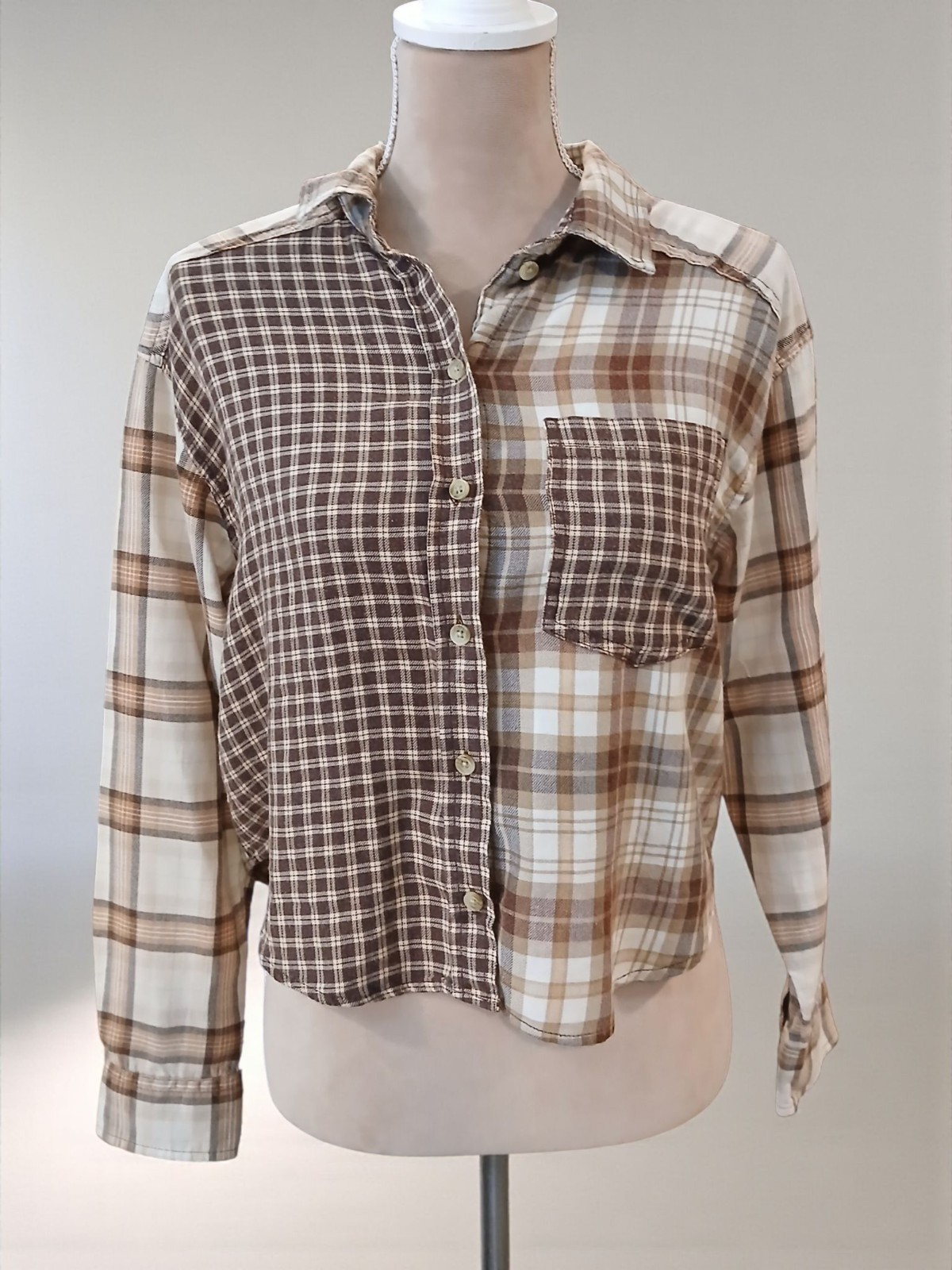 American Eagle Elbow Patch Plaid Patchwork Oversi… - image 1