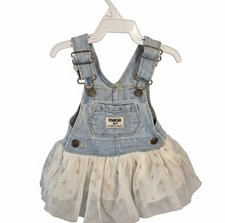OshKosh B'gosh Girls 3M Denim Overall Dress Star Tulle Skirt Adjustable