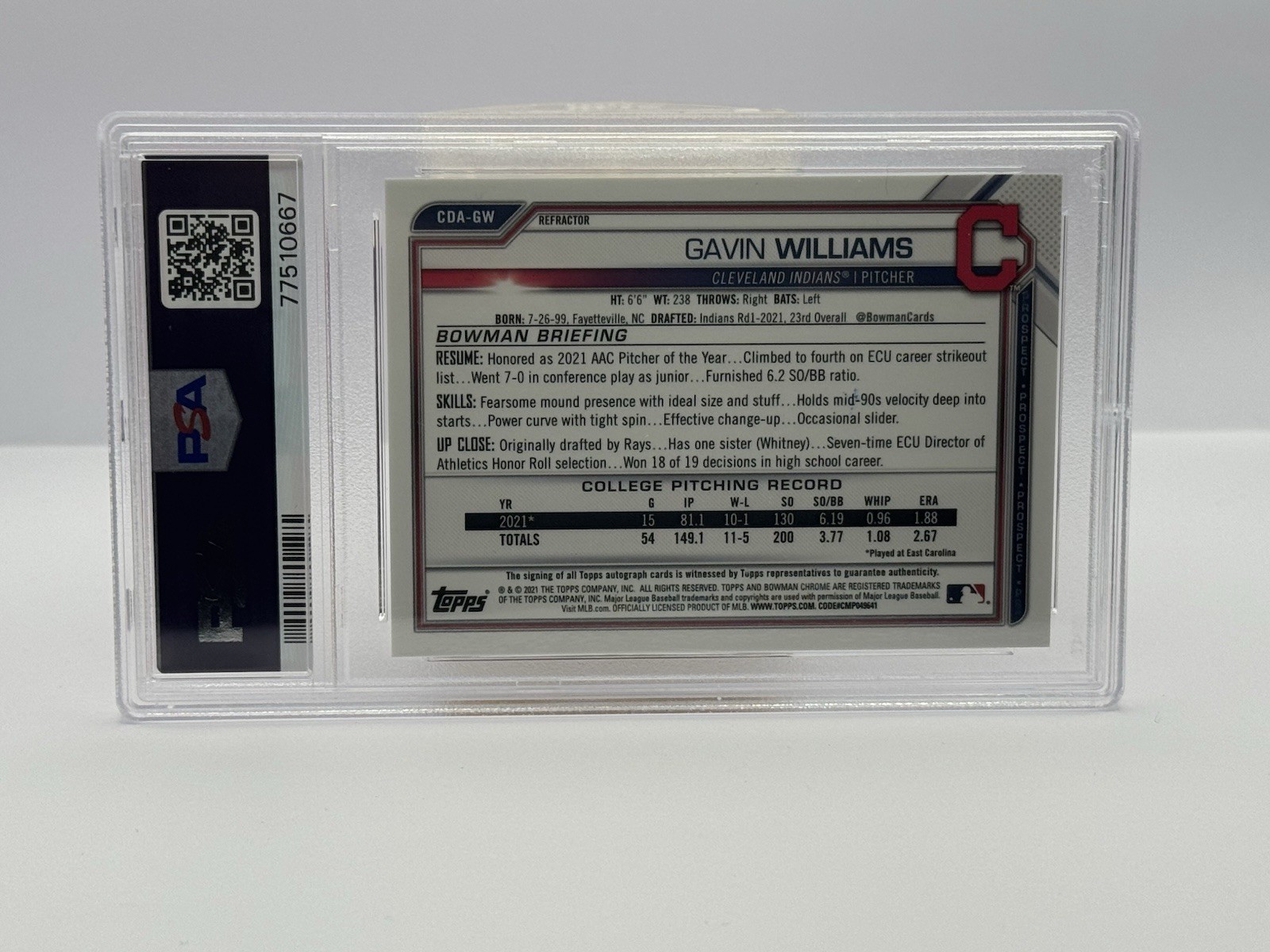 2021 (1ST) Bowman Chrome Draft GAVIN WILLIAMS Auto REFRACTOR #’D/499 RC {PSA 9} view 2