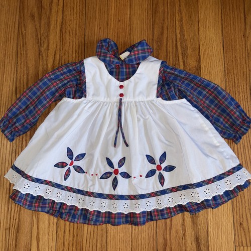 Vintage Baby Girls Blue Plaid Swiss Pinafore Dress BABY TOGS 2T Appliqué