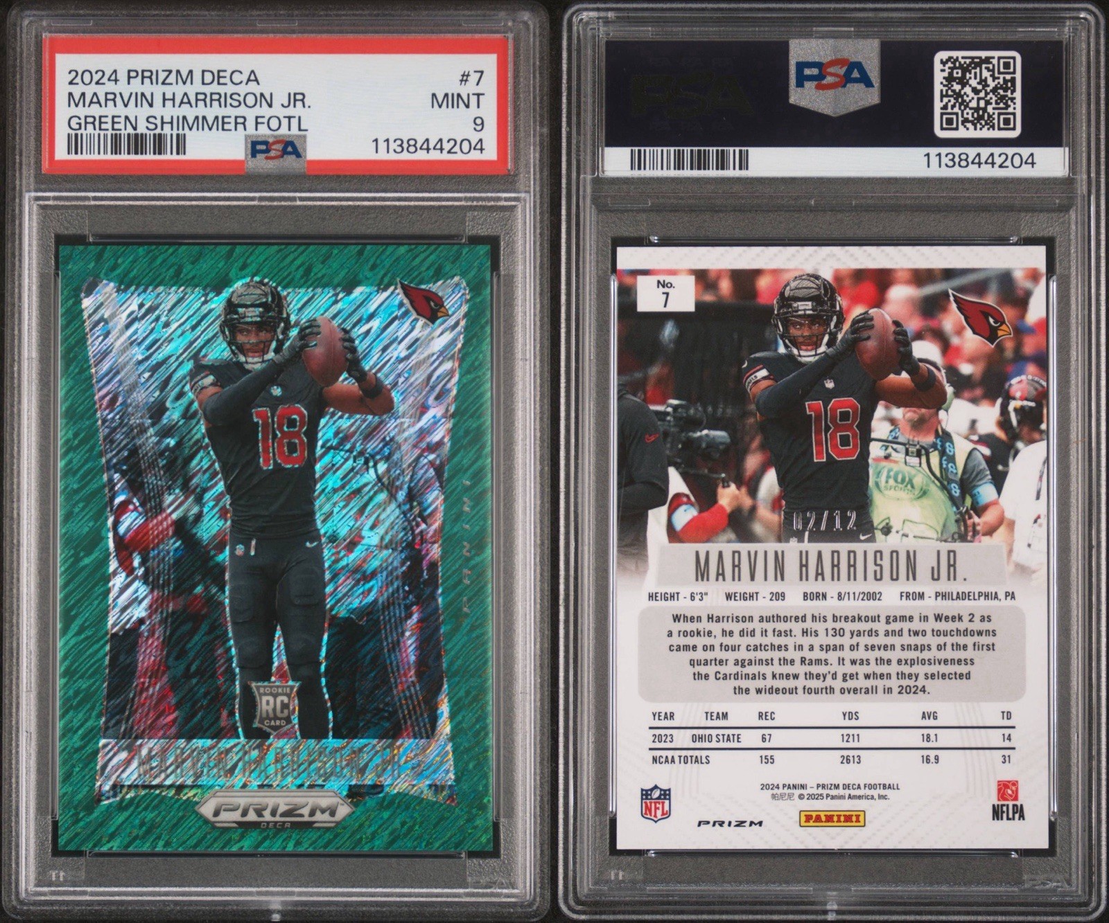 2024 Panini Prizm Deca - Marvin Harrison Jr. #7 Green Shimmer Prizm /12 (RC) view 3