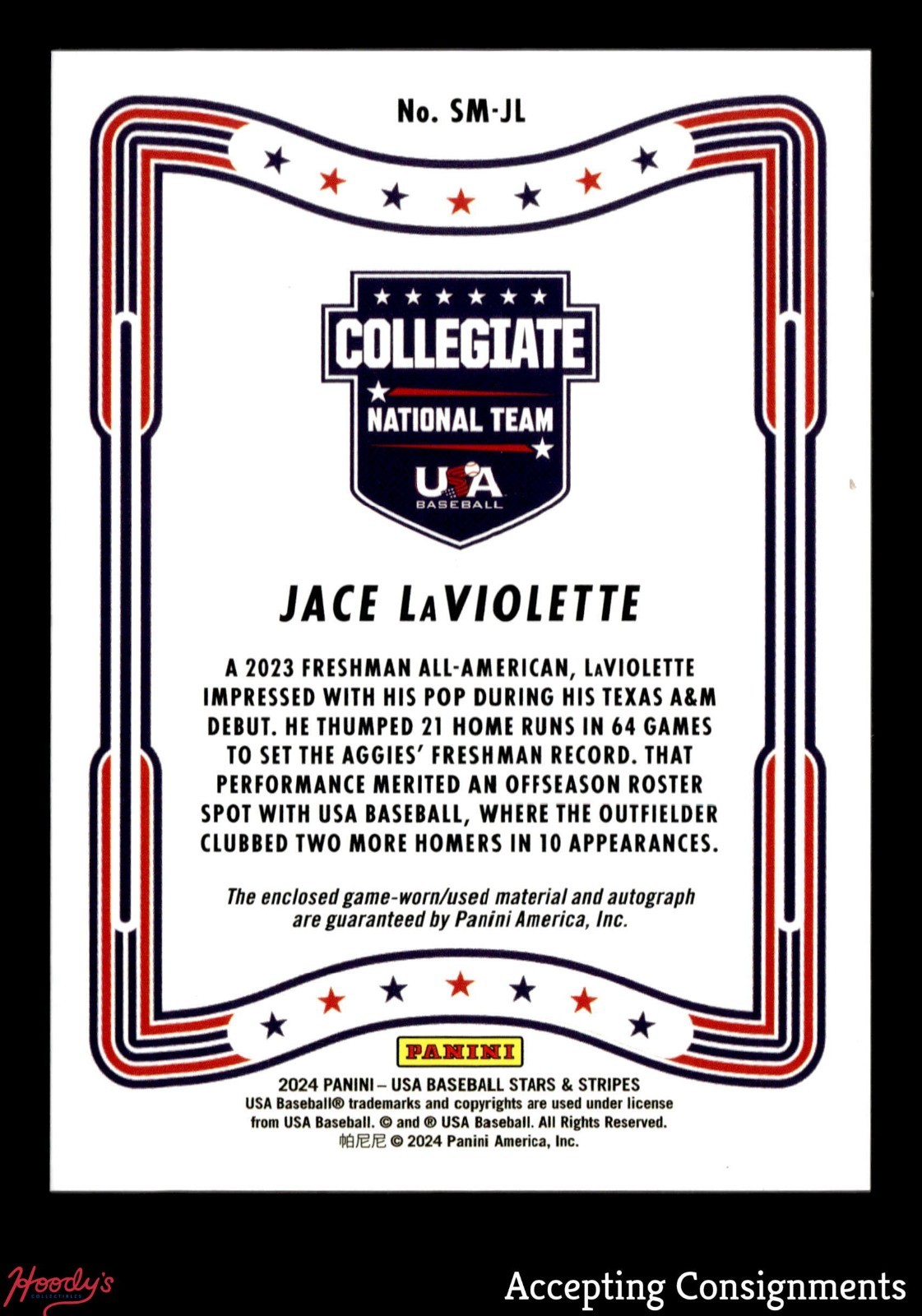 2024 USA Baseball Stars & Stripes College Jace LaViolette GAME-USED JERSEY AUTO view 2