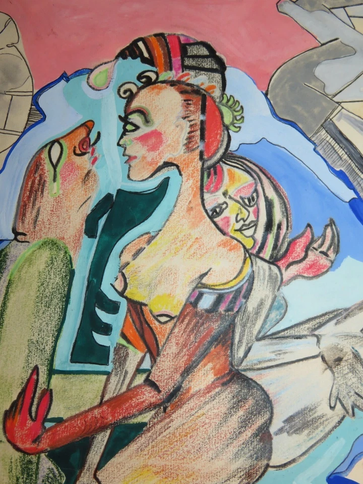 GRAND DESSIN AQUARELLE CRAYON EXPRESSIONNISME dlg COBRA FEMMES NUES SIGNEE 1977 - Photo 3/4