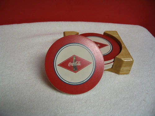 Vintage  Coca Cola Ceramic Stone Coasters Set with Cork Back & Wood Holder EUC