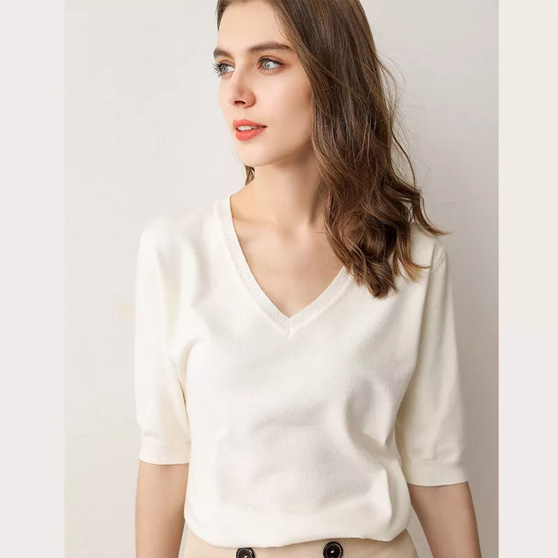 Lady Slim Knitted Jumper Sweater Thin Pullover Sweatshirt V Neck Half Sleeve Top