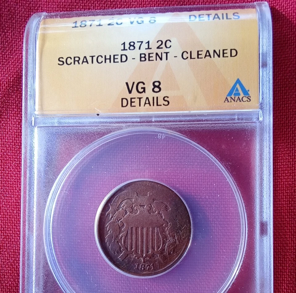 1871 P  2 cent U.S. Copper Coin ANACS Graded VG 8 . - Image 3 of 4