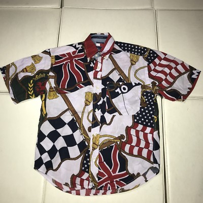 TOMMY HILFIGER FLAG PRINT BUTTON UP SHIRT LOTUS VINTAGE 1994 BOYS